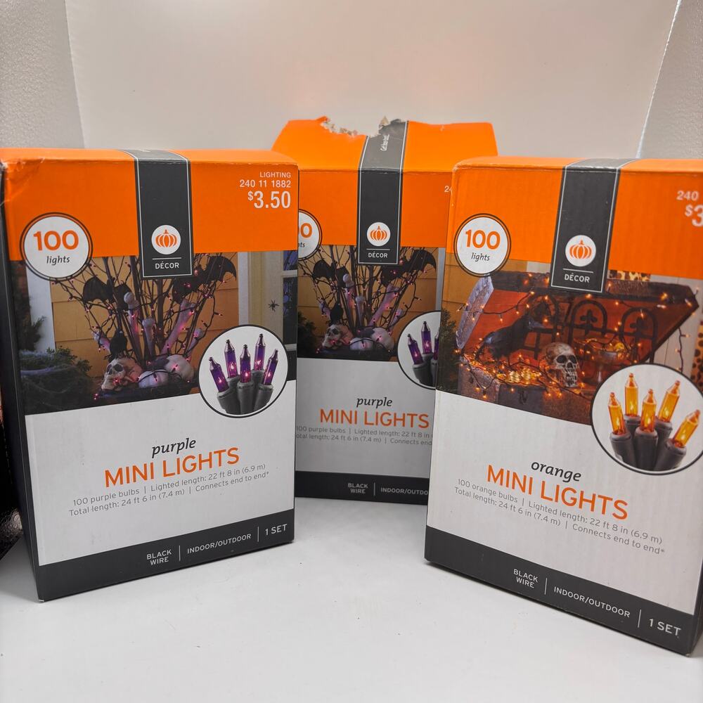 3 sets Halloween mini string lights 100 bulbs each 2 purple 1 orange new in box